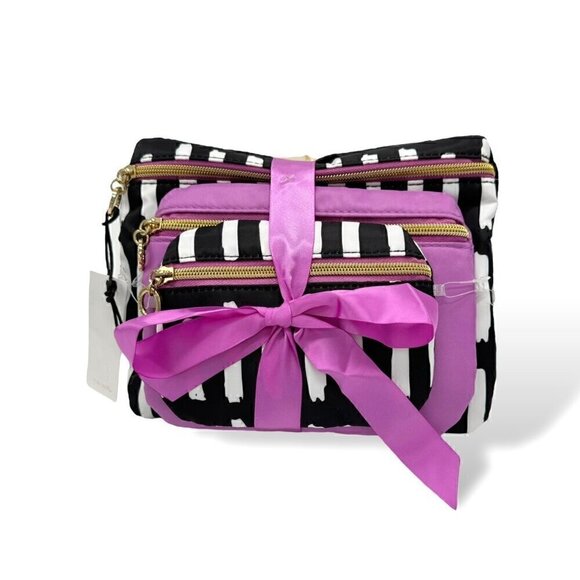 NWT Trina Set of 3 PCs Cosmetic Makeup Bag Cases Black & White Stripes Pink - Picture 3 of 9